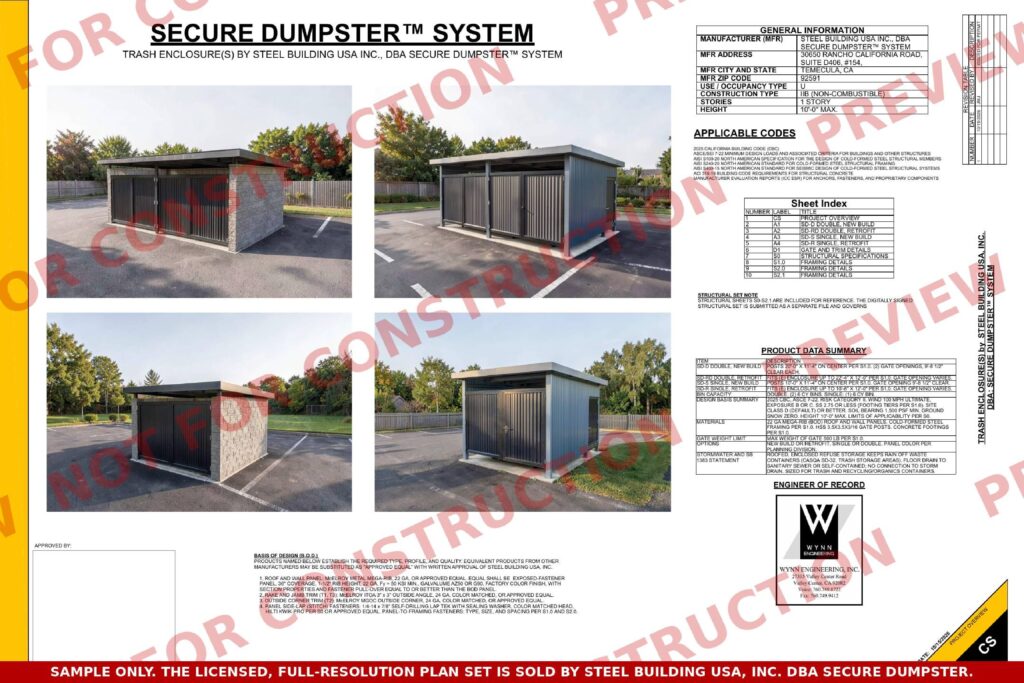 Secure Dumpster watermarked engineered plan-set preview showing steel enclosure renderings and architectural sheet cover